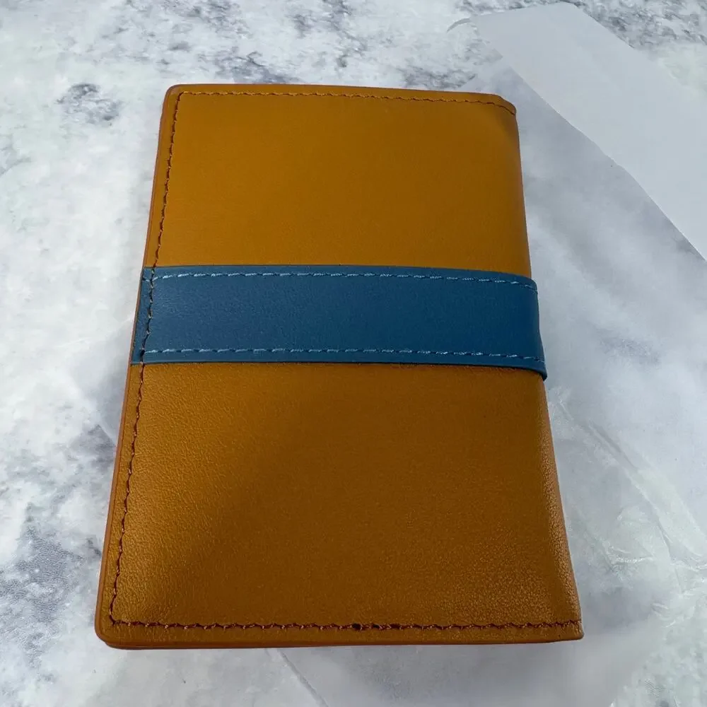 New RYLOR Stripe Bifold Luxury Oiled Leather Wallet Brown &Blue Gift Slim Card